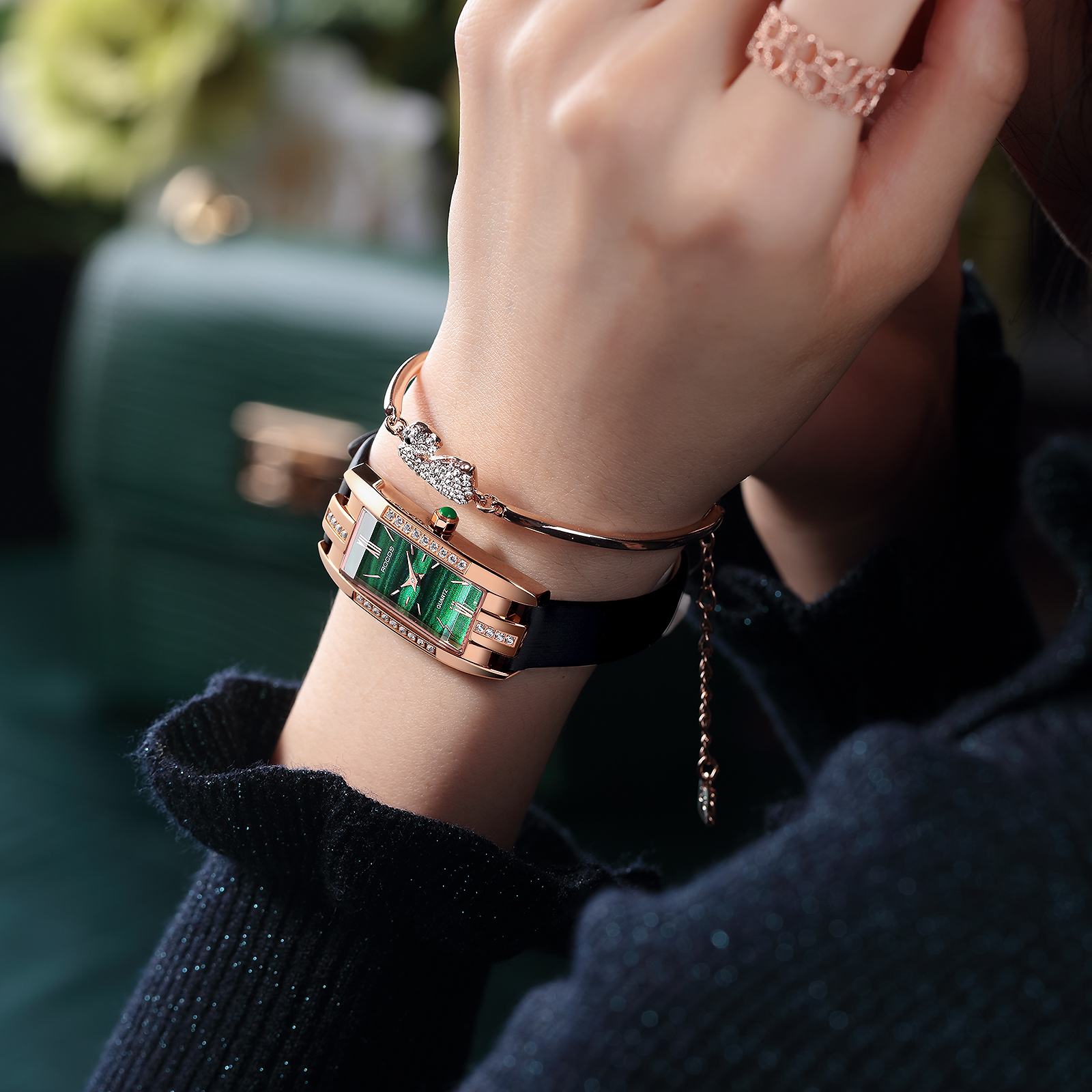 ROCOSJEWE Women's Wristwatch Quartz Square Watch with Red Dial Beautiful Jewelry Mini Analog Ladies Watch R0209