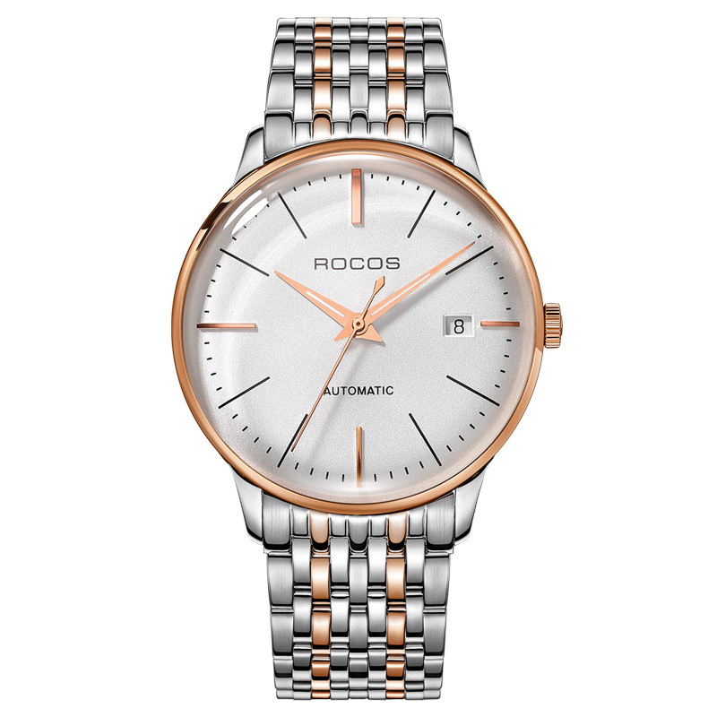 ROCOSJEWE Ultra-Thin Fashion Men's Watch Fully Automatic Mechanical Watches for Men Luminous Calendar Waterproof Dress Watch 