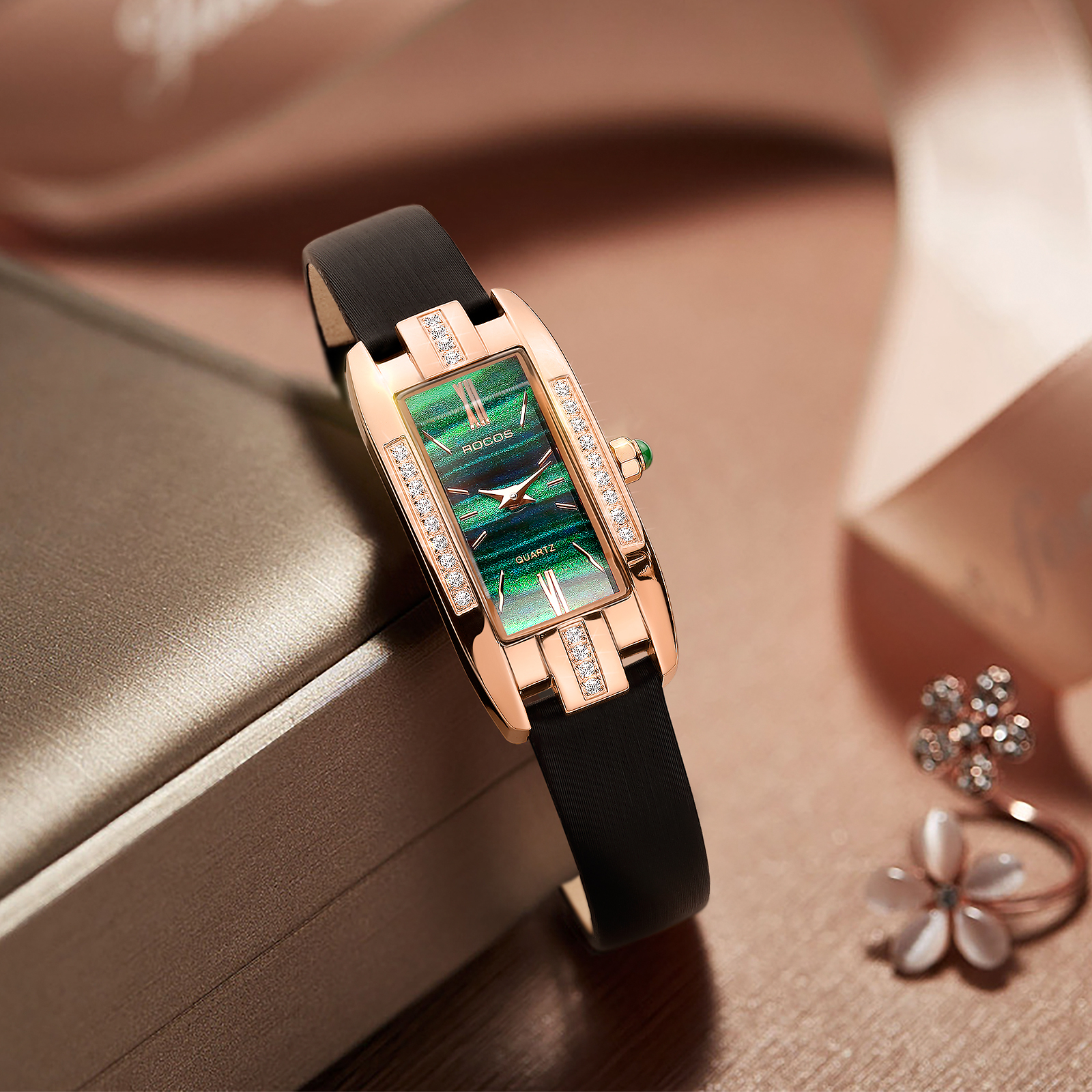 ROCOSJEWE Women's Wristwatch Quartz Square Watch with Red Dial Beautiful Jewelry Mini Analog Ladies Watch R0209