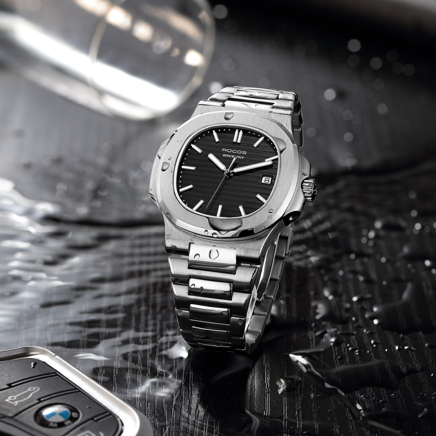 Watches for Men Automatic Self-Winding Mechanical Watch Waterproof Anti Shock Luminous Business Wristwatch Adjustable Stainless Steel Band Blue Dial-R0139