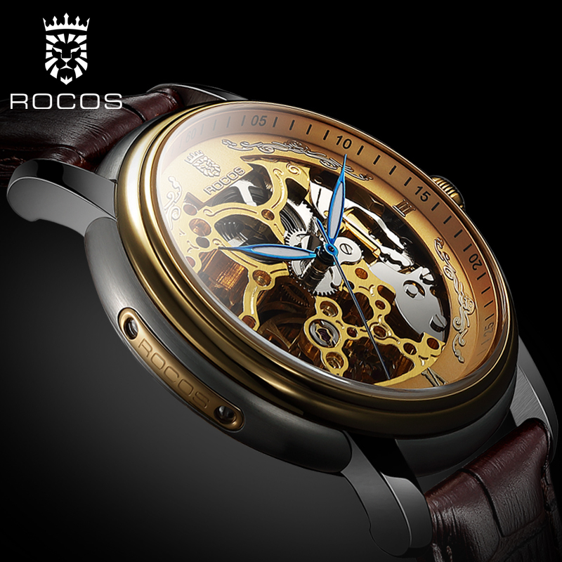 ROCOSJEWE Men's Automatic Mechanical Watches Fashion Luxury Men's Watches Business Men's Wristwatch Double Skeleton Gold Dial Brown Strap Luminous Waterproof Men's Gifts R0142