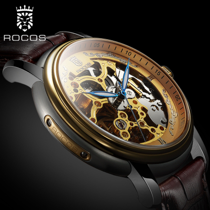 ROCOSJEWE Men's Automatic Mechanical Watches Fashion Luxury Men's Watches Business Men's Wristwatch Double Skeleton Gold Dial Brown Strap Luminous Waterproof Men's Gifts R0142
