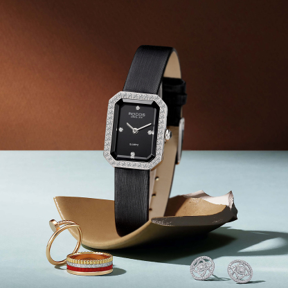 ROCOSJEWE Women's Watch Square Elegant Black Dial with Jewelry Quartz Watches for Women 26mm R0249