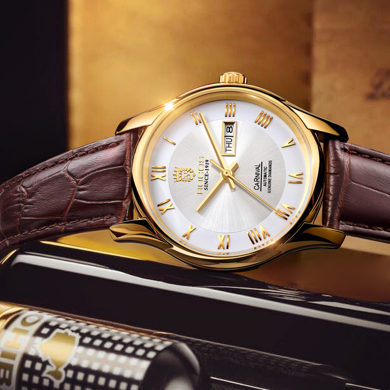ROCOSJEWE R0131 Men's Watch Fashion Automatic Watches for Men Men's Mechanical Watch Leather Strap Waterproof Calendar Week Gift 