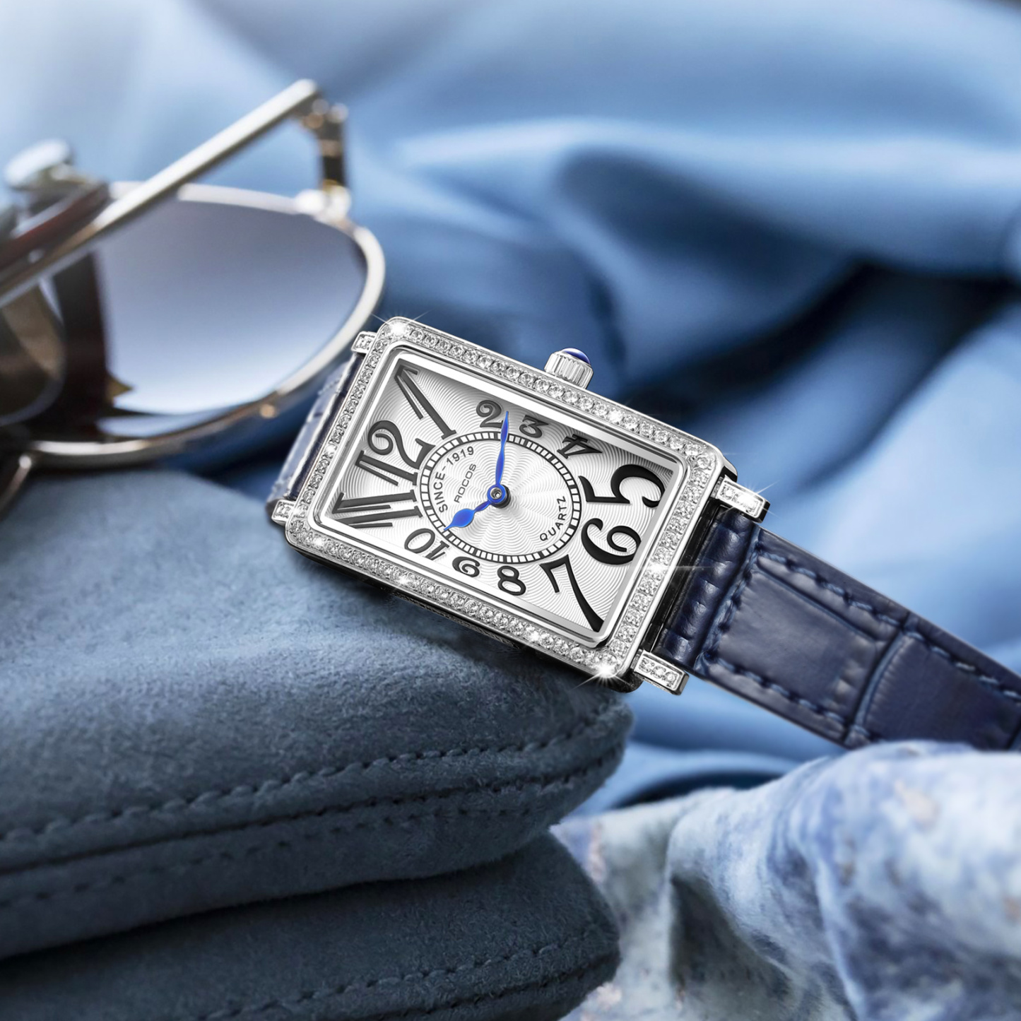 ROCOSJEWE Women Ultra-thin Watches Rectangular Blue Two-pointer Quartz Analog Watch Leather Strap Casual & Dress R0245