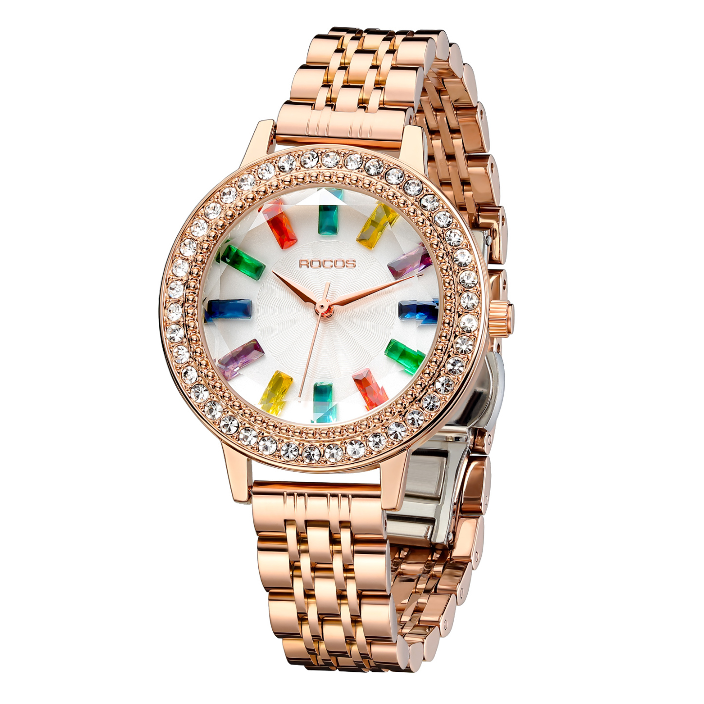 ROCOSJEWE Ladies Quartz Watch Temperament Shining Diamond Gold Bezel Exquisite Luxurious Colored Gemstone Hour Markers Steel Strap Ladies Watch R0260
