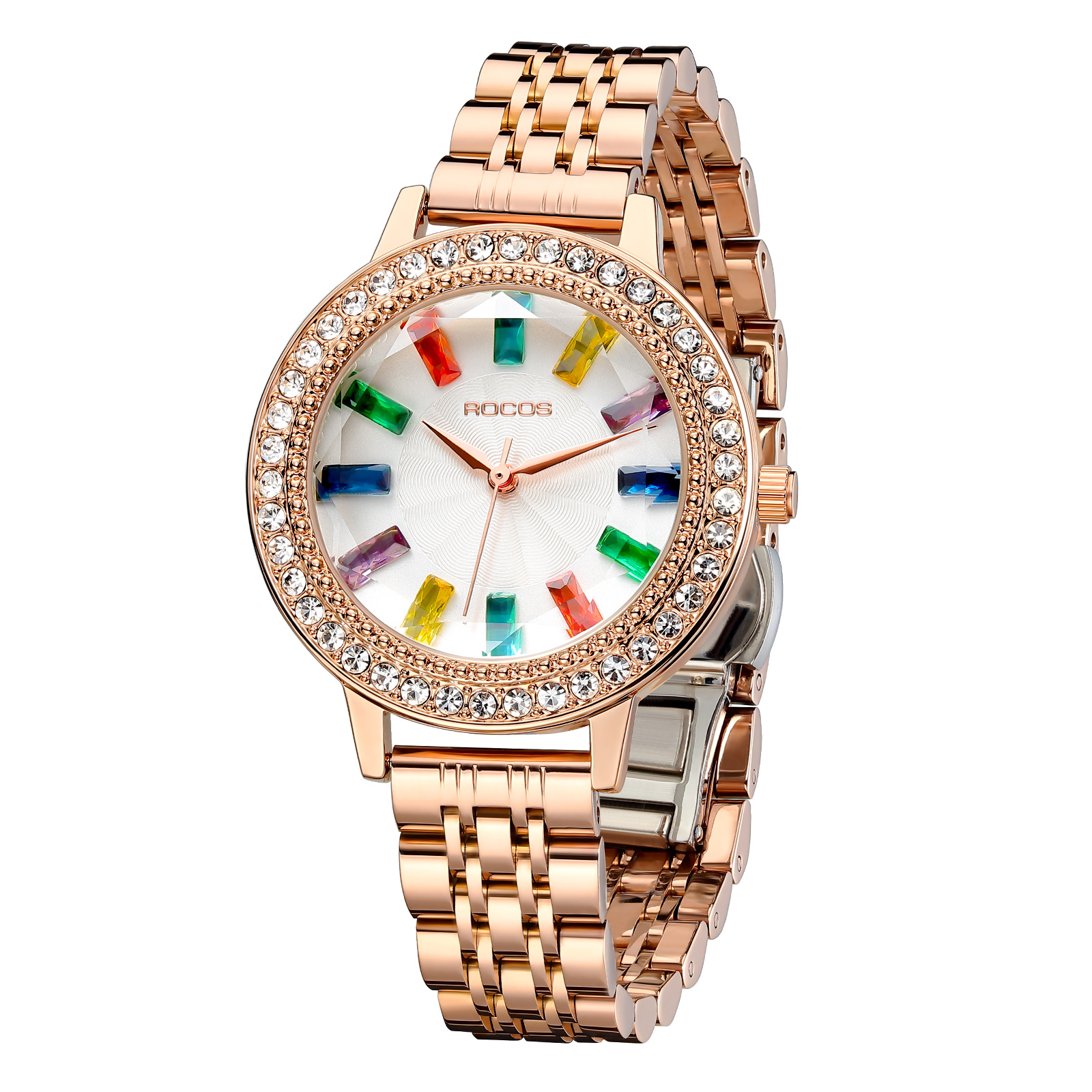 ROCOSJEWE Ladies Quartz Watch Temperament Shining Diamond Gold Bezel Exquisite Luxurious Colored Gemstone Hour Markers Steel Strap Ladies Watch R0260