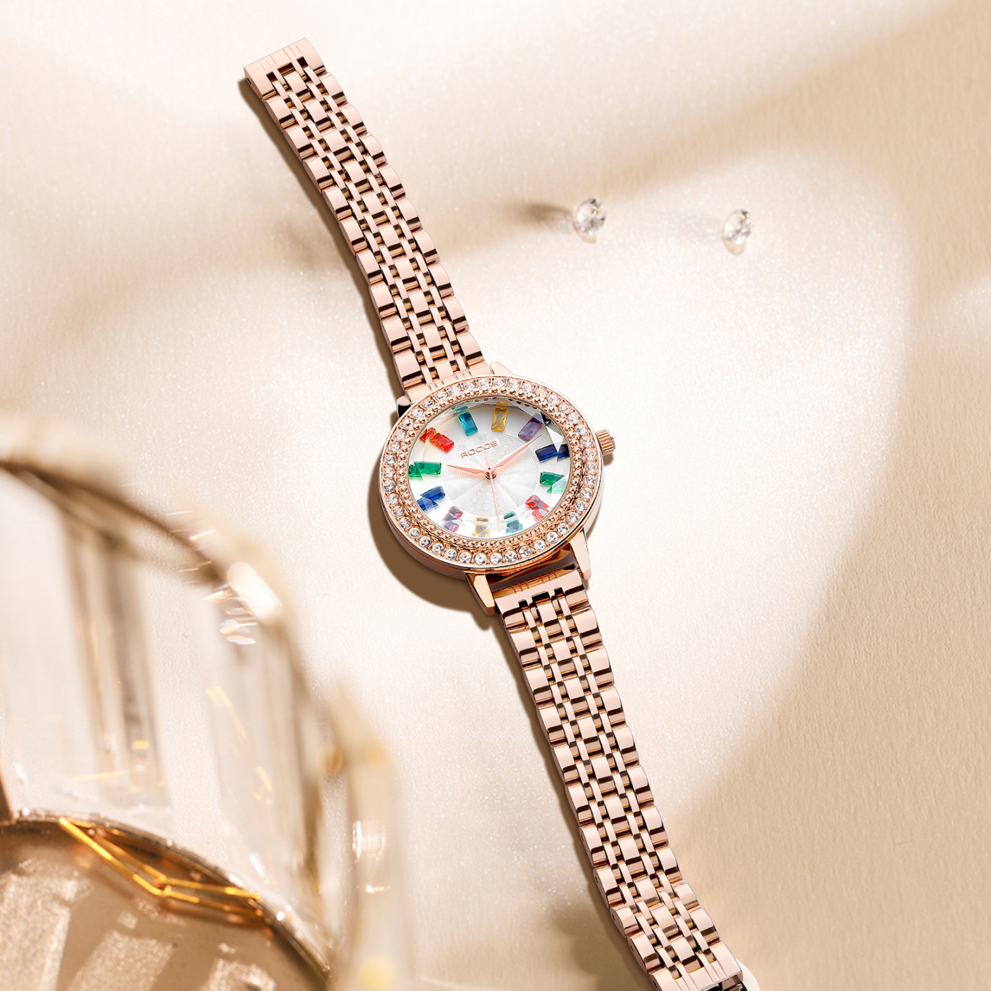 ROCOSJEWE Ladies Quartz Watch Temperament Shining Diamond Gold Bezel Exquisite Luxurious Colored Gemstone Hour Markers Steel Strap Ladies Watch R0260