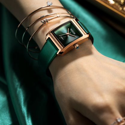 ROCOSJEWE Women's Wrist Watch Japanese Quartz Ultra-Thin Dress Square Watch with Emerald Green Dial Ladies Luxury Classic Elegant R0219