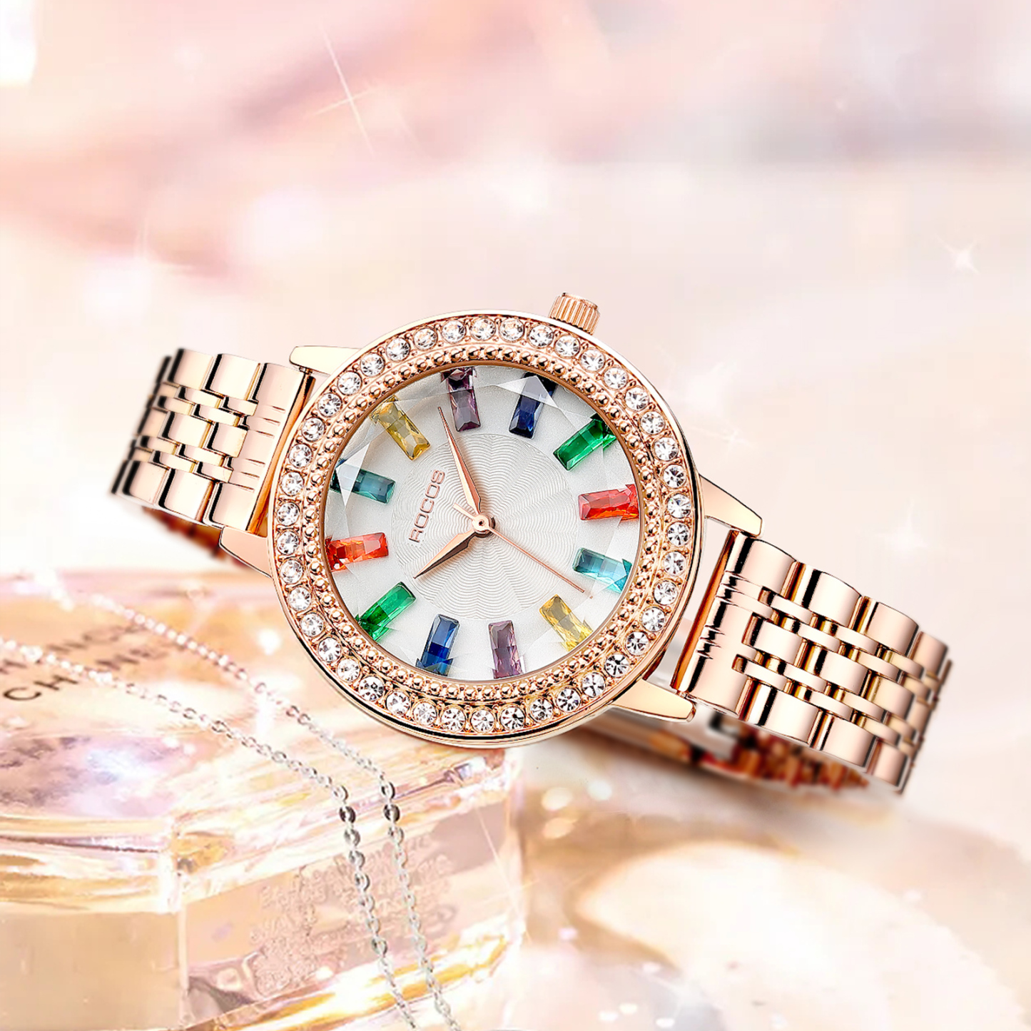 ROCOSJEWE Ladies Quartz Watch Temperament Shining Diamond Gold Bezel Exquisite Luxurious Colored Gemstone Hour Markers Steel Strap Ladies Watch R0260