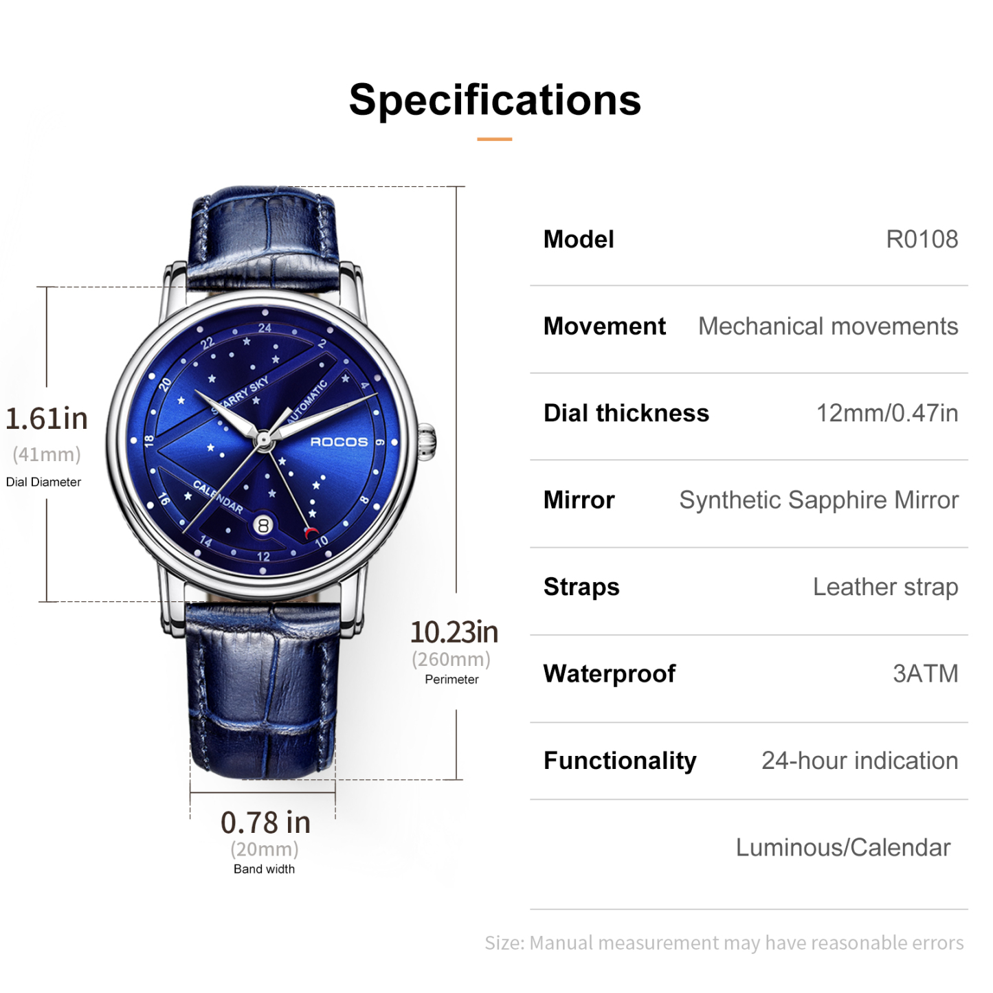 ROCOS Brand Star And Moon Series Blue Star High-end Automatic Mechanical Watches Fashion Trend Men's Watches Luminous Waterproof Men's Watches Sapphire Mirror Cowhide Strap 24 Hour Indicator Calendar