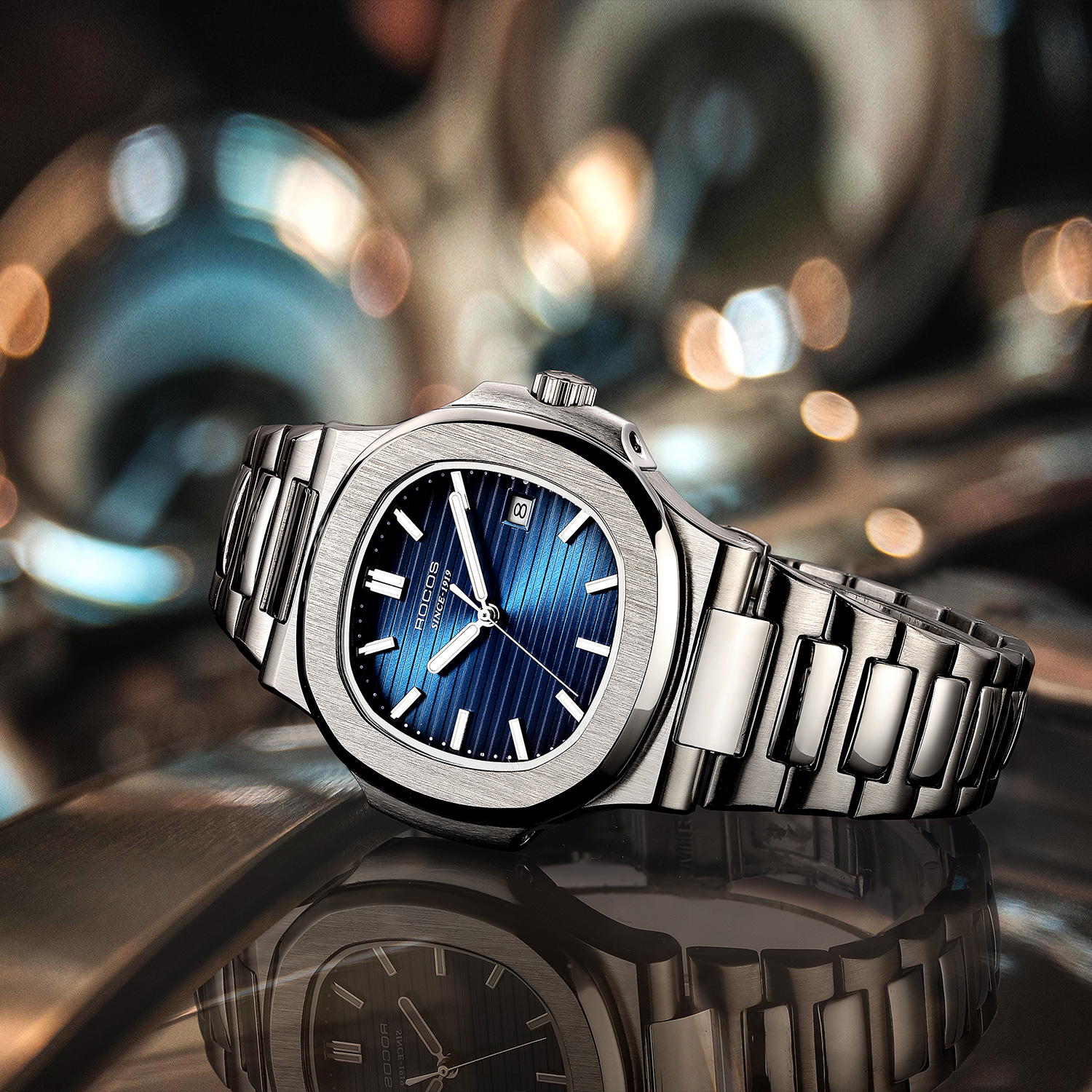 Watches for Men Automatic Self-Winding Mechanical Watch Waterproof Anti Shock Luminous Business Wristwatch Adjustable Stainless Steel Band Blue Dial