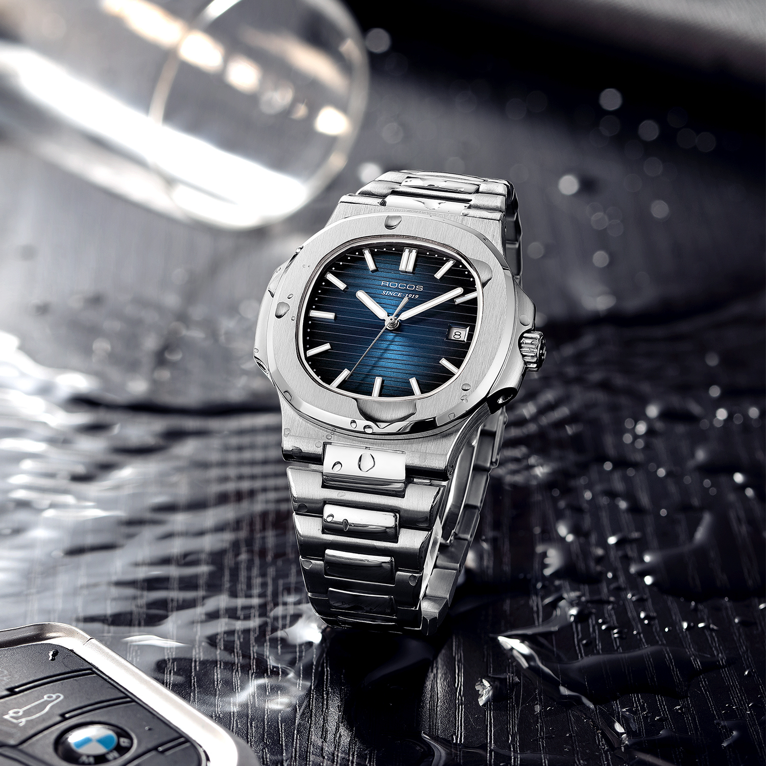 Watches for Men Automatic Self-Winding Mechanical Watch Waterproof Anti Shock Luminous Business Wristwatch Adjustable Stainless Steel Band Blue Dial