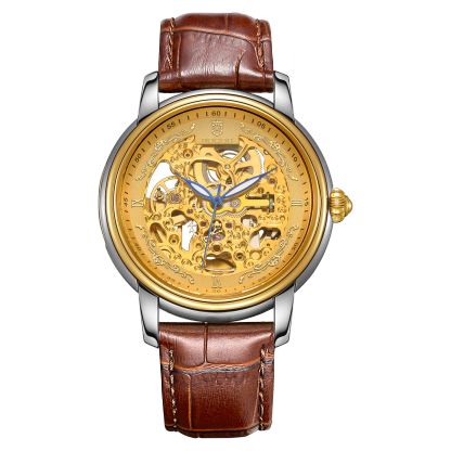 ROCOSJEWE Men's Automatic Mechanical Watches Fashion Luxury Men's Watches Business Men's Wristwatch Double Skeleton Gold Dial Brown Strap Luminous Waterproof Men's Gifts R0142