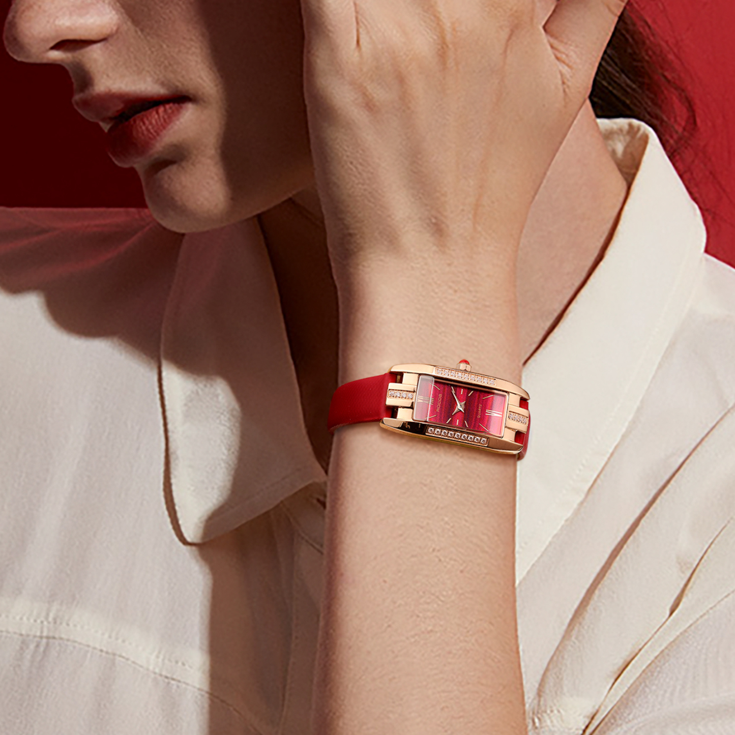 ROCOSJEWE Watches for Women Red Dial with Leather Strap Rose Gold case Fashion Ladies Wristwatch Quartz Analog Elegant Dress Watch Waterproof Gifts RW0209S Red