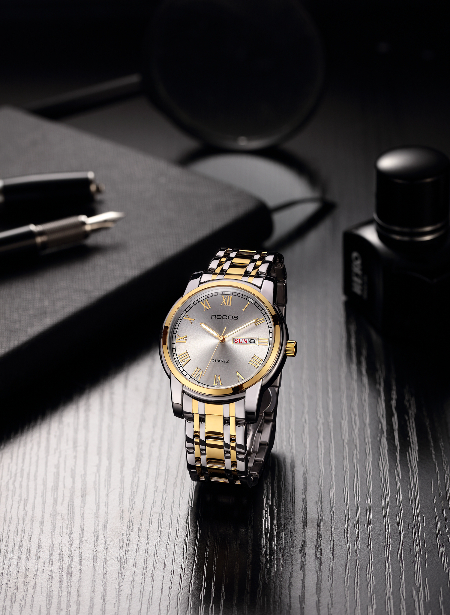 ROCOSJEWE Men's Qaurtz Watch, Minimalist Stainless Steel Gold Wacth R0904