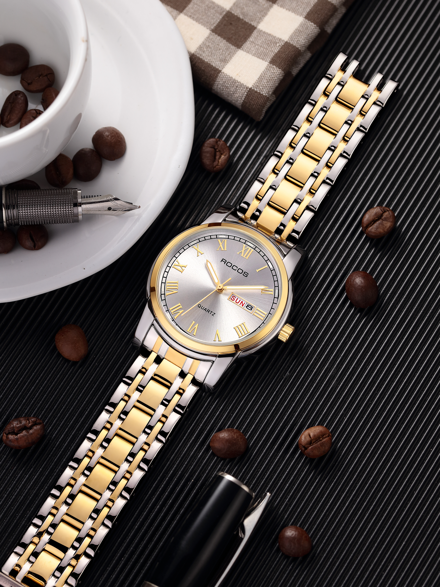 ROCOSJEWE Men's Qaurtz Watch, Minimalist Stainless Steel Gold Wacth R0904