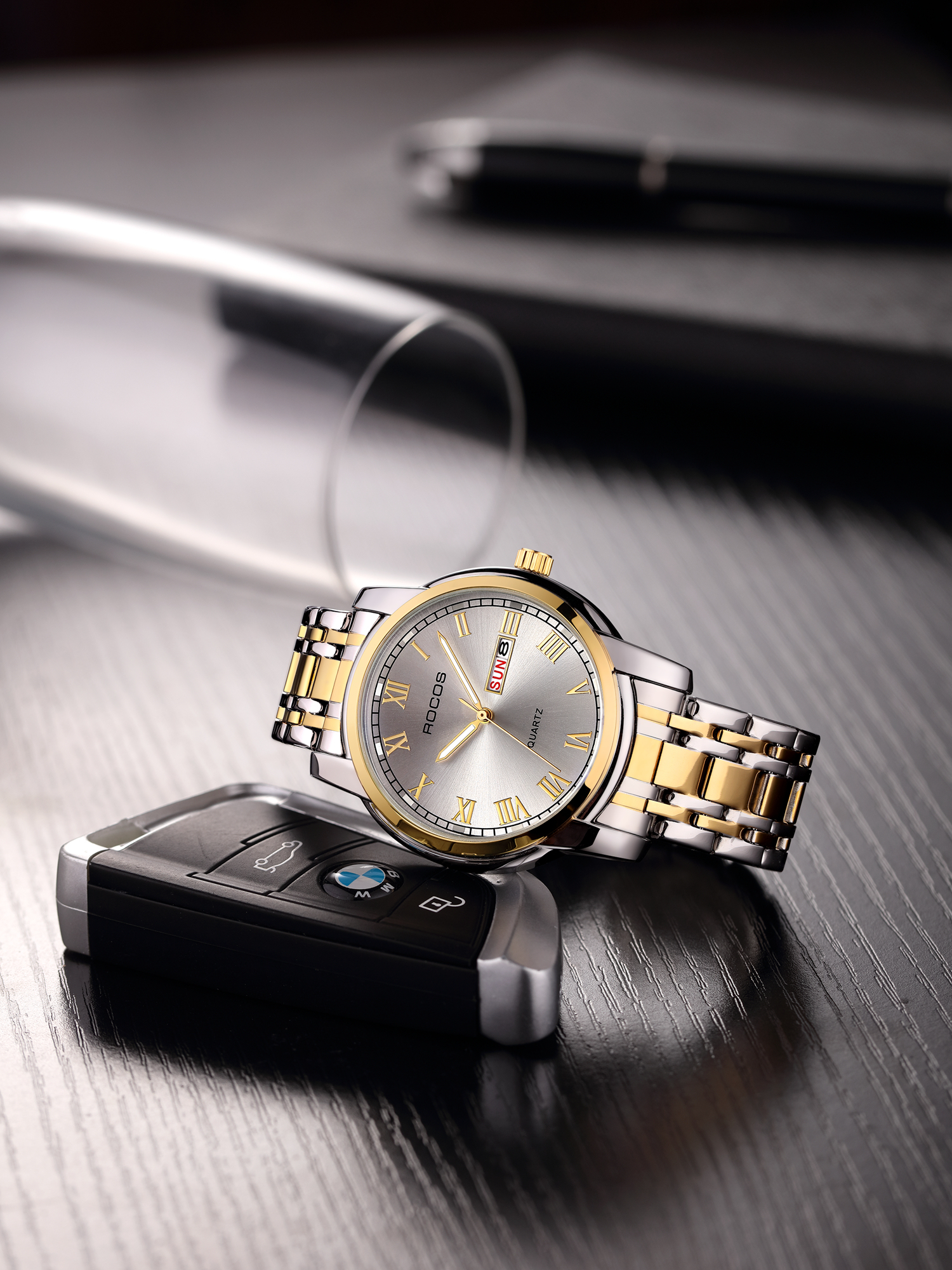 ROCOSJEWE Men's Qaurtz Watch, Minimalist Stainless Steel Gold Wacth R0904