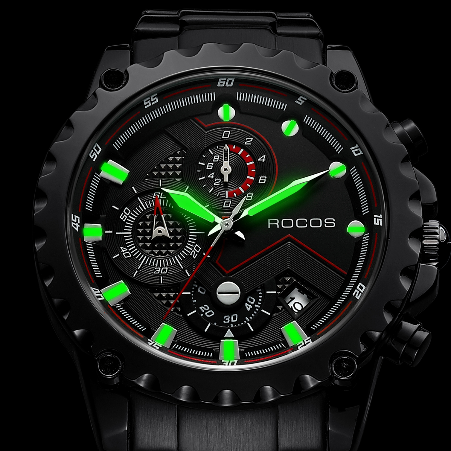 ROCOSJEWE Luxury Men Quartz Watches Business Stainless Steel Wristwatches Sports Watch Calendar Luminous Clock R0911
