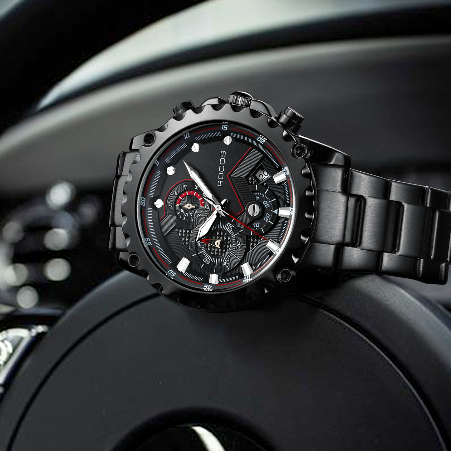 ROCOSJEWE Luxury Men Quartz Watches Business Stainless Steel Wristwatches Sports Watch Calendar Luminous Clock R0911