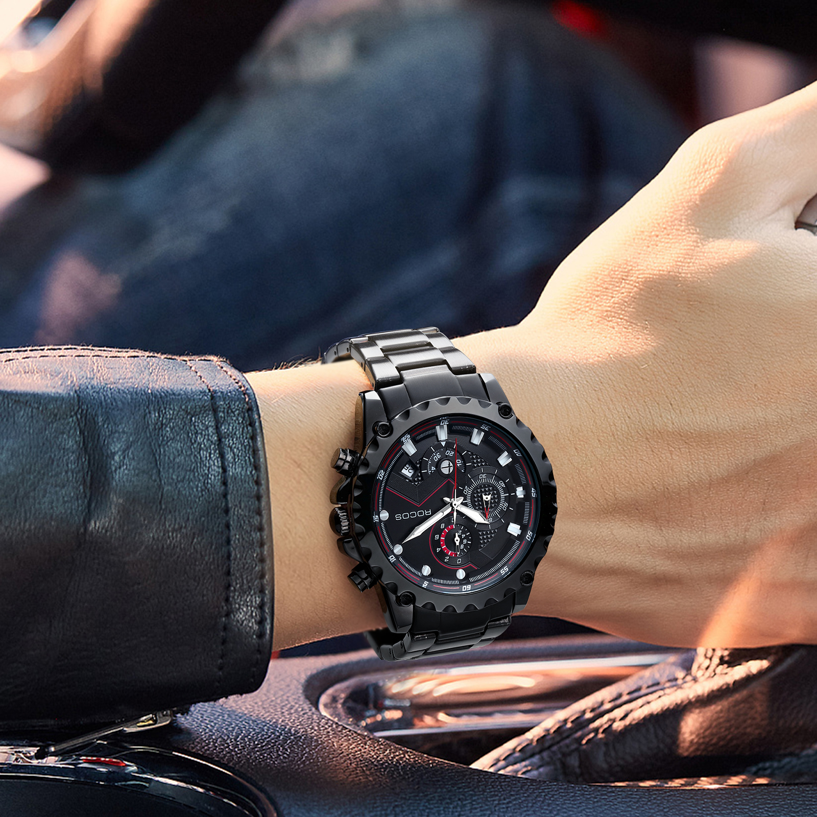 ROCOSJEWE Luxury Men Quartz Watches Business Stainless Steel Wristwatches Sports Watch Calendar Luminous Clock R0911