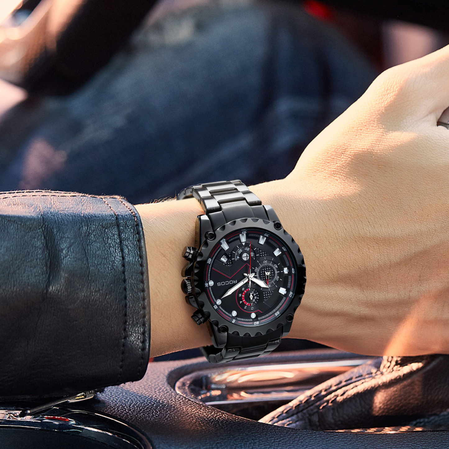 ROCOSJEWE Luxury Men Quartz Watches Business Stainless Steel Wristwatches Sports Watch Calendar Luminous Clock R0911