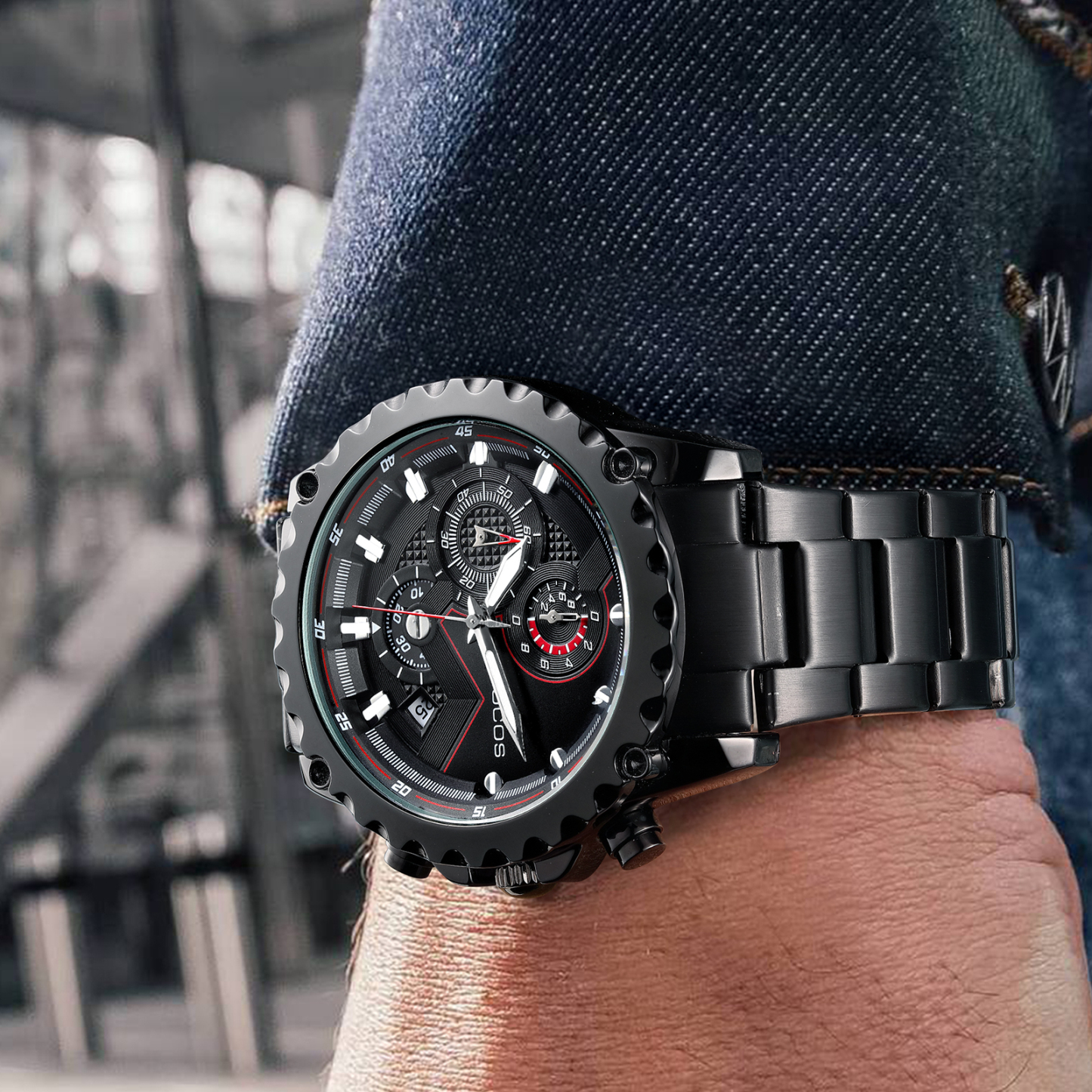 ROCOSJEWE Luxury Men Quartz Watches Business Stainless Steel Wristwatches Sports Watch Calendar Luminous Clock R0911