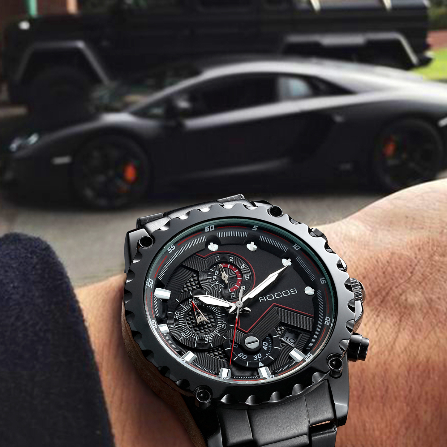 ROCOSJEWE Luxury Men Quartz Watches Business Stainless Steel Wristwatches Sports Watch Calendar Luminous Clock R0911