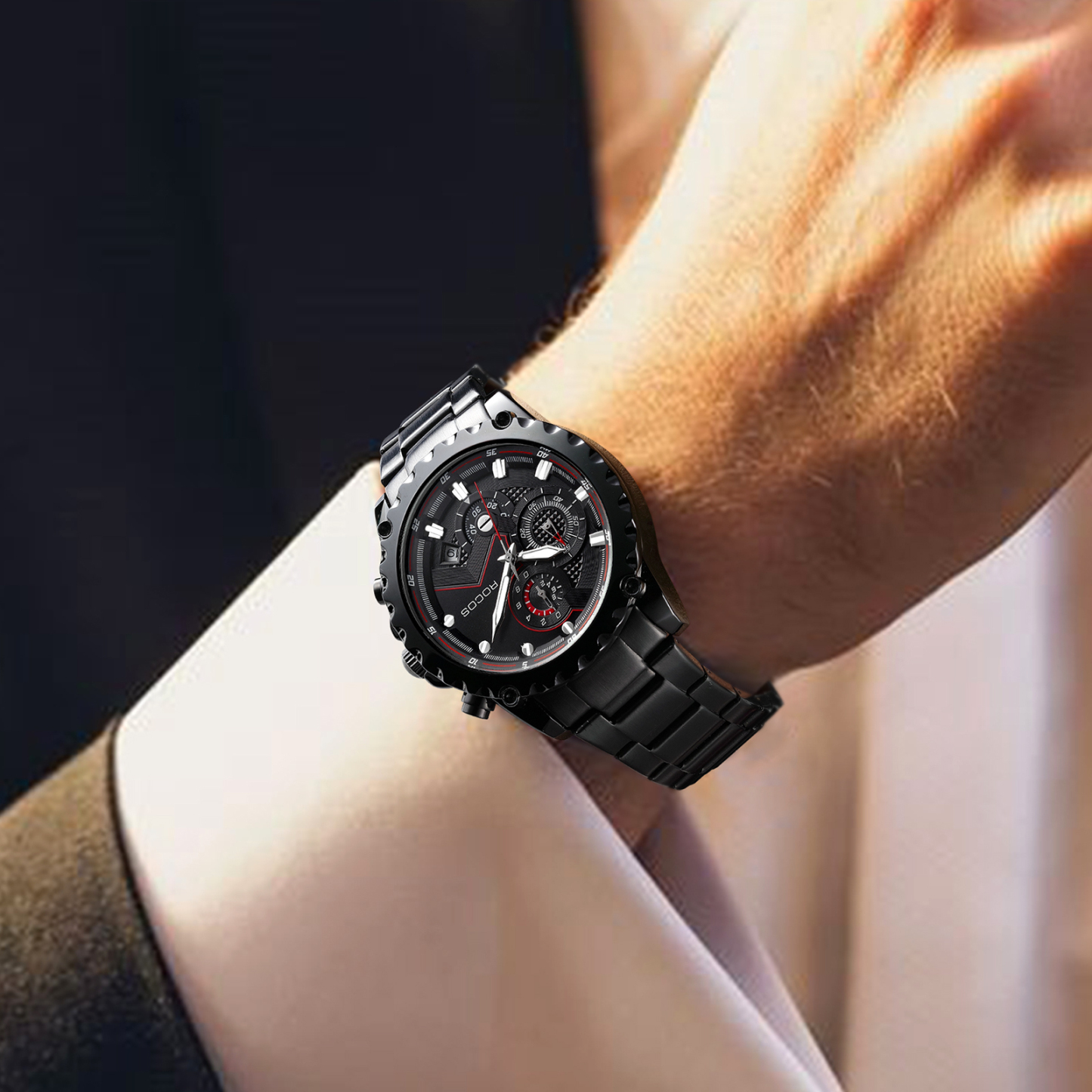ROCOSJEWE Luxury Men Quartz Watches Business Stainless Steel Wristwatches Sports Watch Calendar Luminous Clock R0911