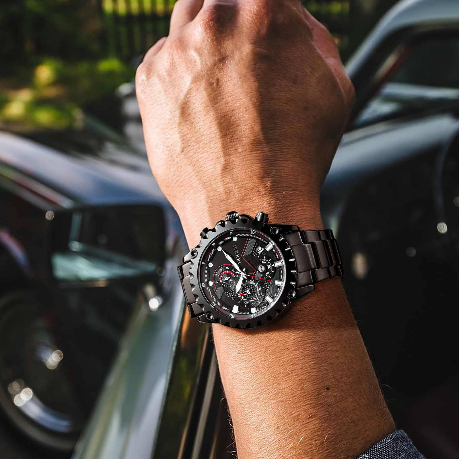ROCOSJEWE Luxury Men Quartz Watches Business Stainless Steel Wristwatches Sports Watch Calendar Luminous Clock R0911