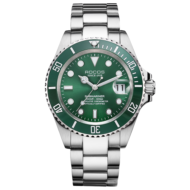 Men's Automatic Mechanical Watch Black/Green Dial Ceramic Bezel Waterproof Luminous Calendar Display Stainless Steel Adjustable Strap Gifts R0158