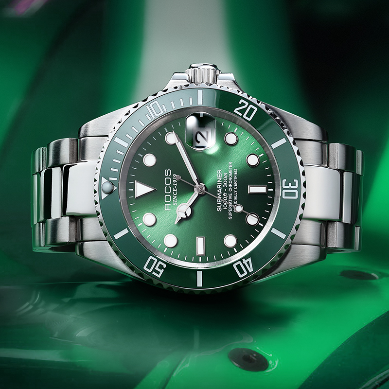 Men's Automatic Mechanical Watch Black/Green Dial Ceramic Bezel Waterproof Luminous Calendar Display Stainless Steel Adjustable Strap Gifts R0158