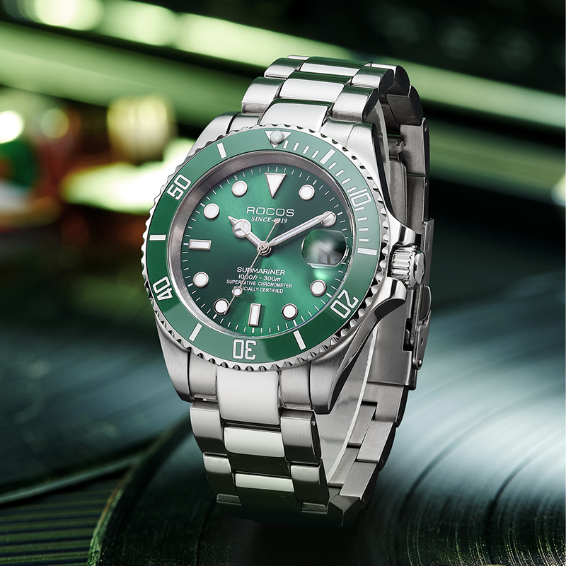 Men's Automatic Mechanical Watch Black/Green Dial Ceramic Bezel Waterproof Luminous Calendar Display Stainless Steel Adjustable Strap Gifts R0158