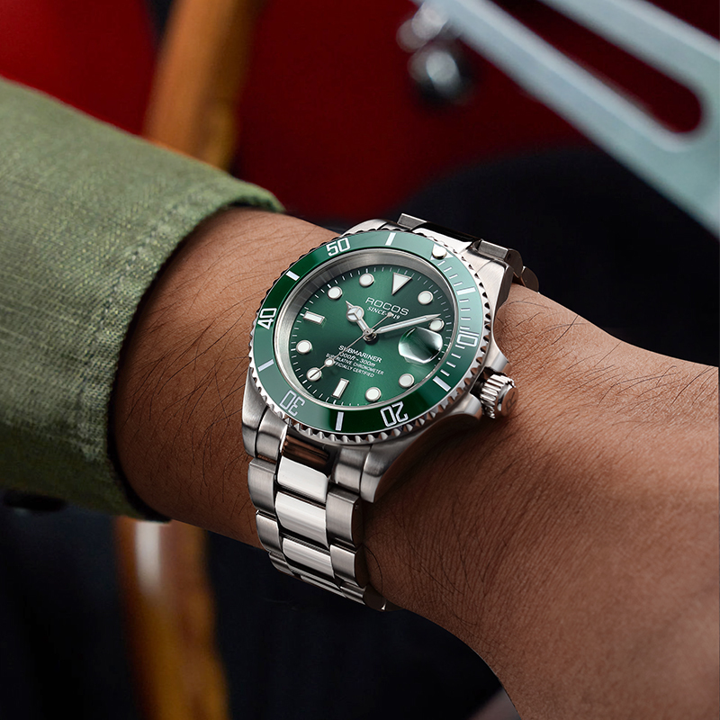 Men's Automatic Mechanical Watch Black/Green Dial Ceramic Bezel Waterproof Luminous Calendar Display Stainless Steel Adjustable Strap Gifts R0158