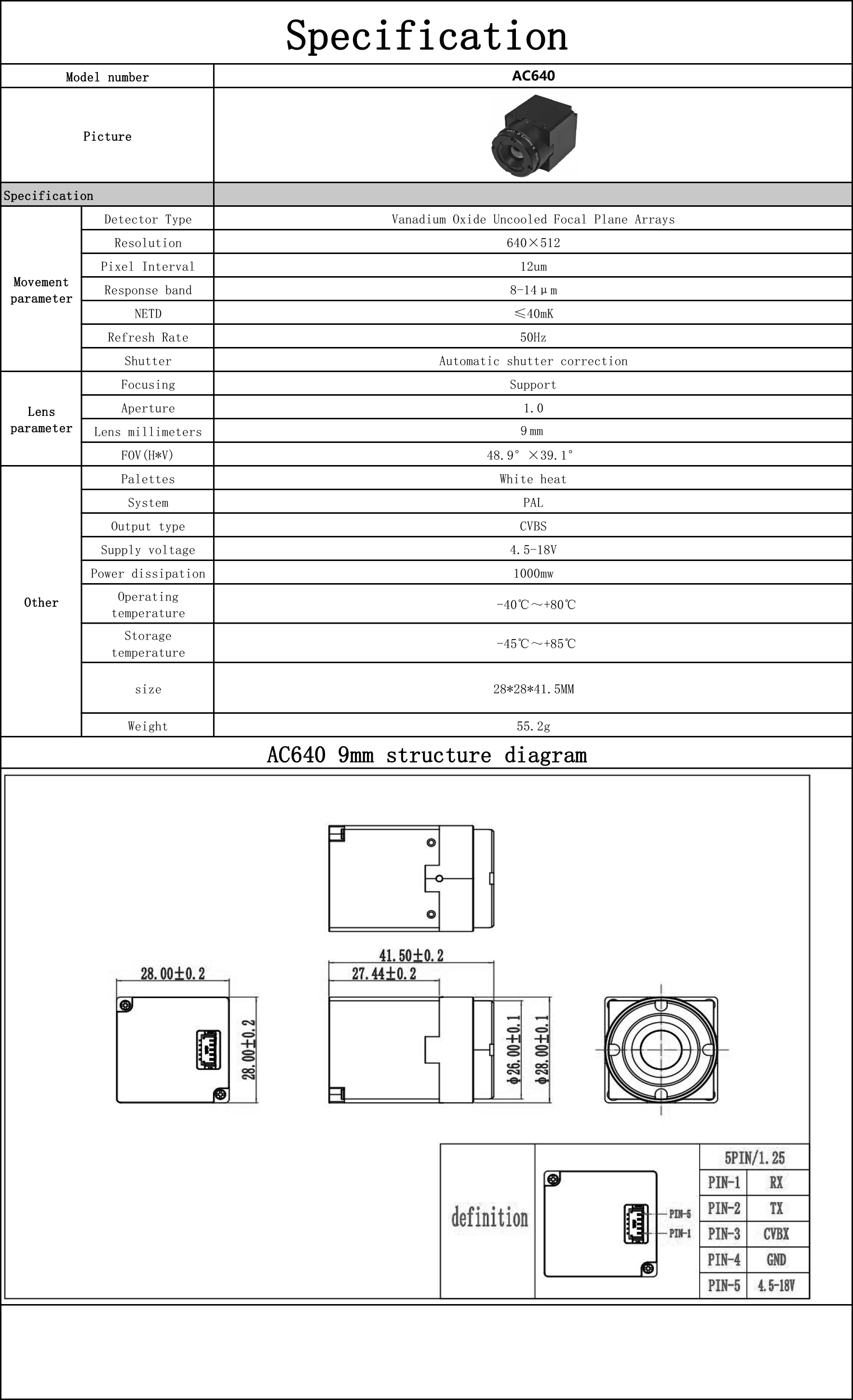 AC Series 640×512 High Resolution 9mm Focal Length Thermal Imaging FPV Microcamera Module, CVBS Interface Thermal Imaging Microcamera Module