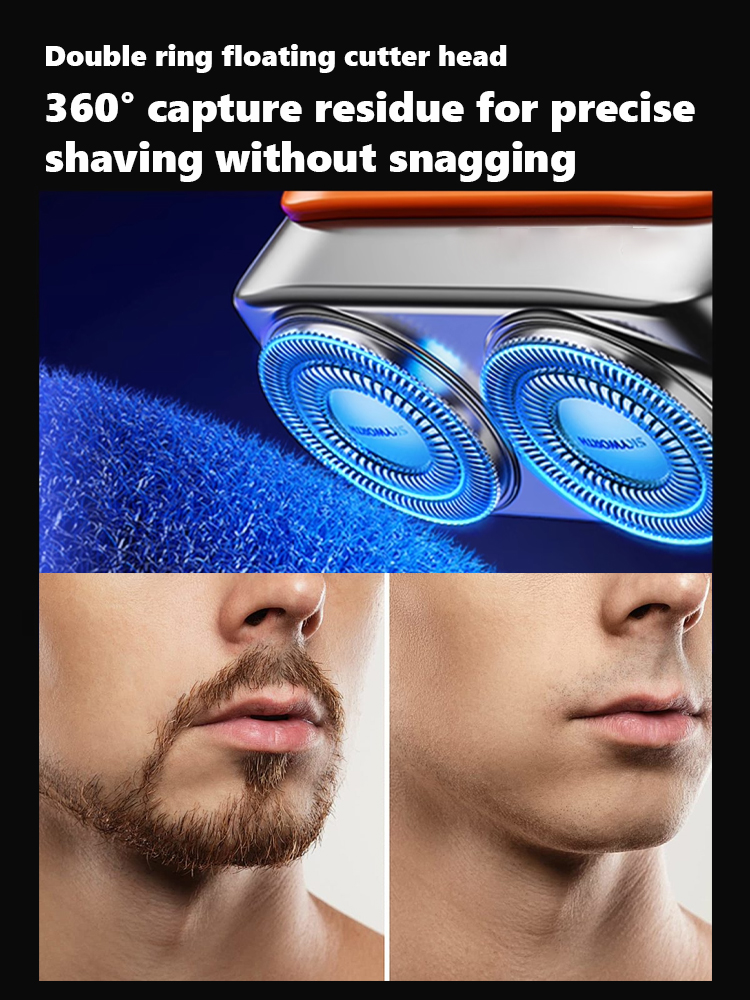 Next-generation portable rotary dual-ring electric shaver.