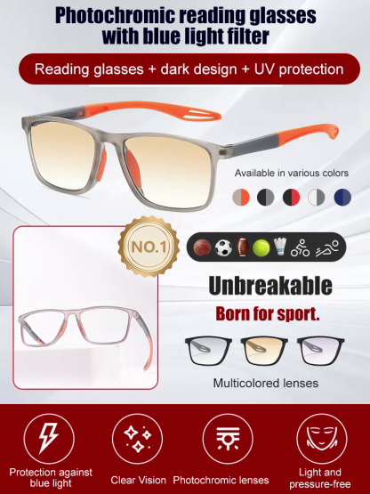 Sports-style 2-in-1 UV-protective photochromic reading glasses