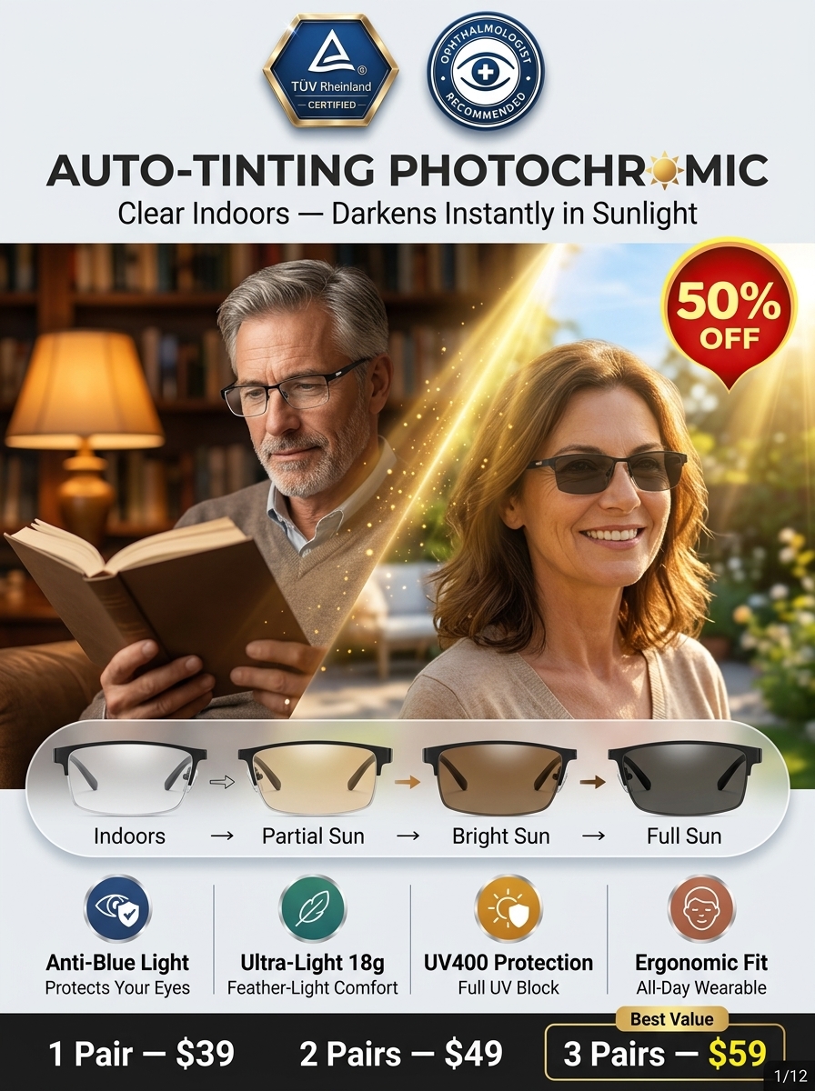 Ultra-light Titanium Alloy Smart Photochromic Half-frame Reading Glasses