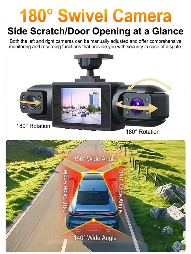 【4-Lens All-Angle Coverage】360-Degree Wide-Angle HD Dashcam