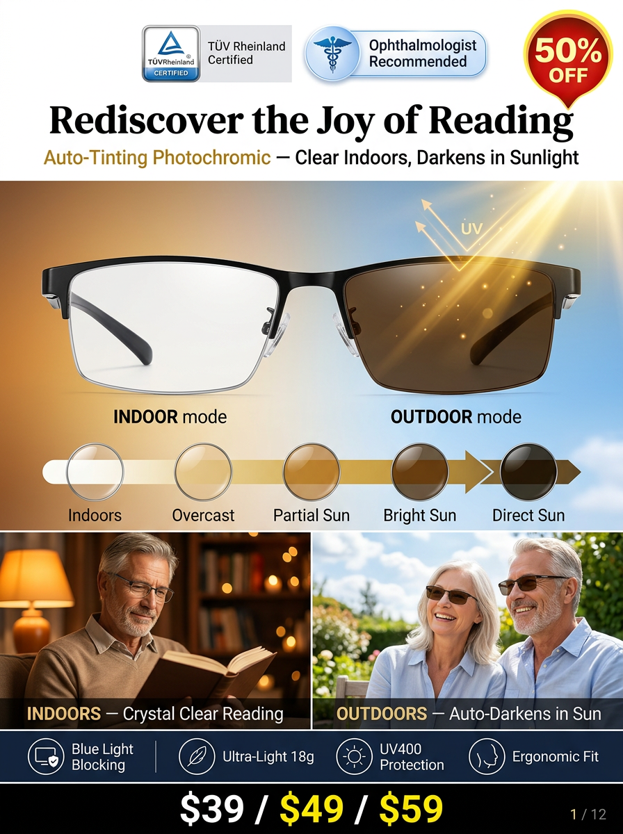 Ultra-light Titanium Alloy Smart Photochromic Half-frame Reading Glasses