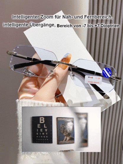 Neue modische, lichtempfindliche, randlose, farbwechselnde Lesebrille ohne Rahmen.