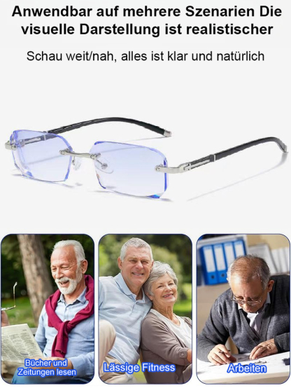 Neue modische, lichtempfindliche, randlose, farbwechselnde Lesebrille ohne Rahmen.