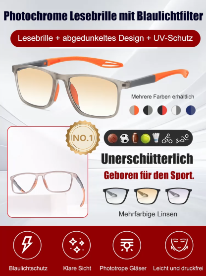 Sportliche 2-in-1 selbsttönende Lesebrille mit UV-Schutz.