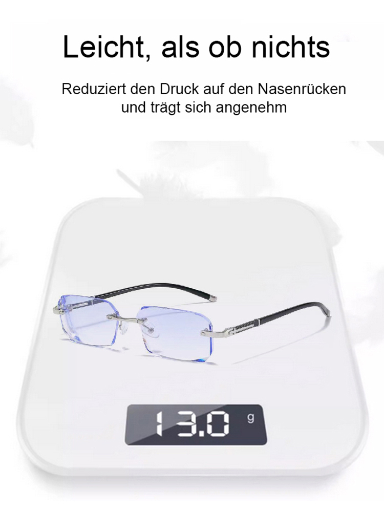 Neue modische, lichtempfindliche, randlose, farbwechselnde Lesebrille ohne Rahmen.