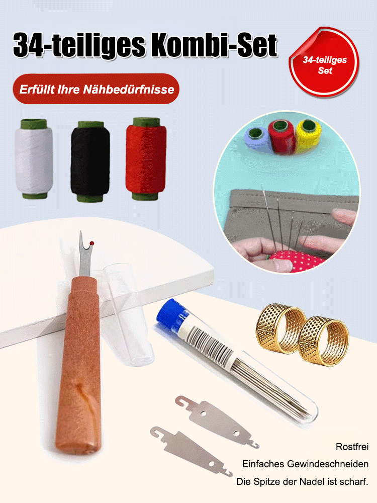 【34-teiliges Set】 Nähwerkzeug-Set mit großen Öhr-Stahlnadeln