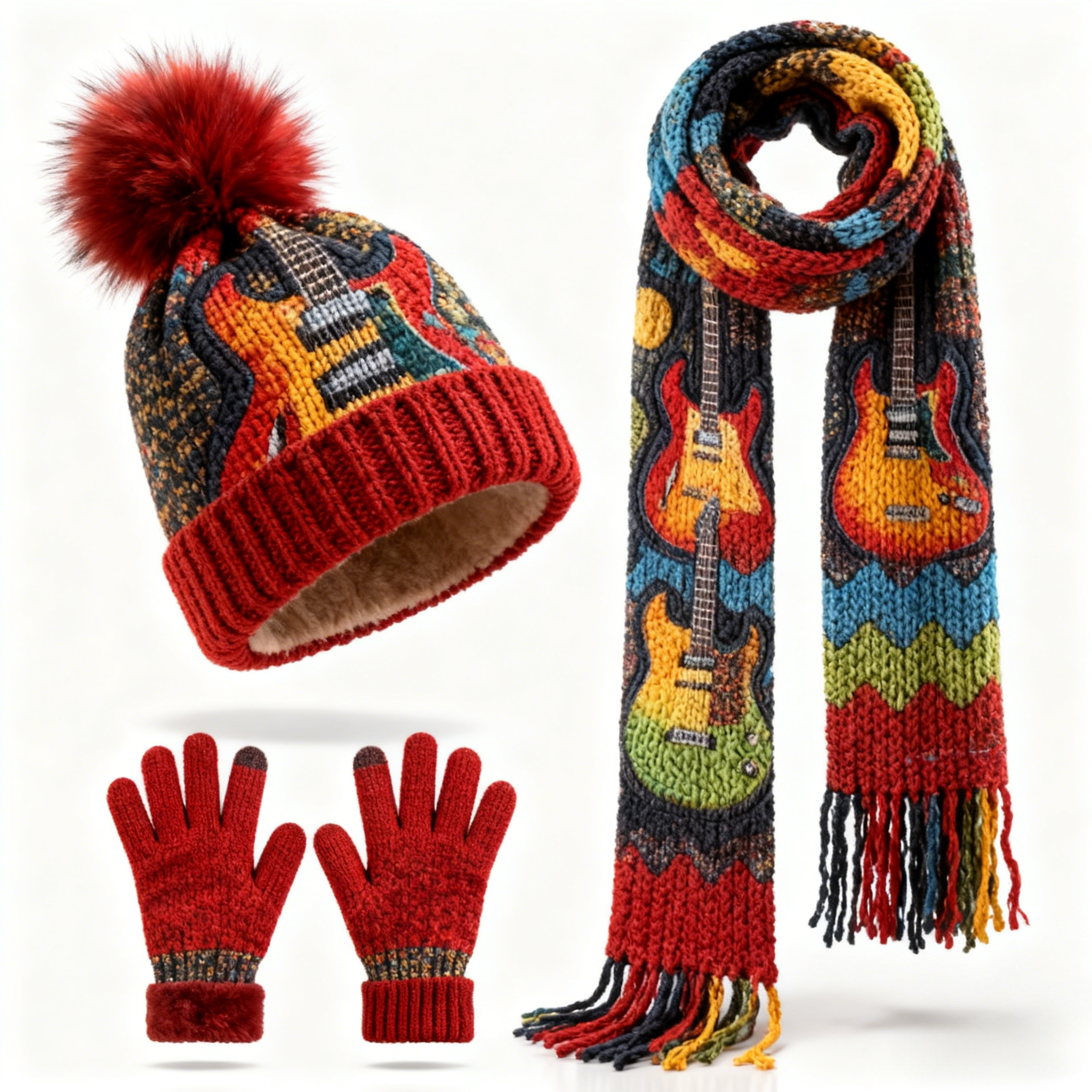 Womens Psychedelic Abstract Guitar 3Pcs Knit Hat Long Scarf and Touchscreen Gloves Set Fleece Lined Pom Pom Beanie Winter Gift 