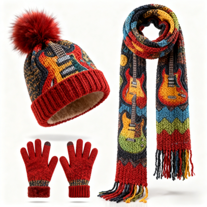 Womens Psychedelic Abstract Guitar 3Pcs Knit Hat Long Scarf and Touchscreen Gloves Set Fleece Lined Pom Pom Beanie Winter Gift 