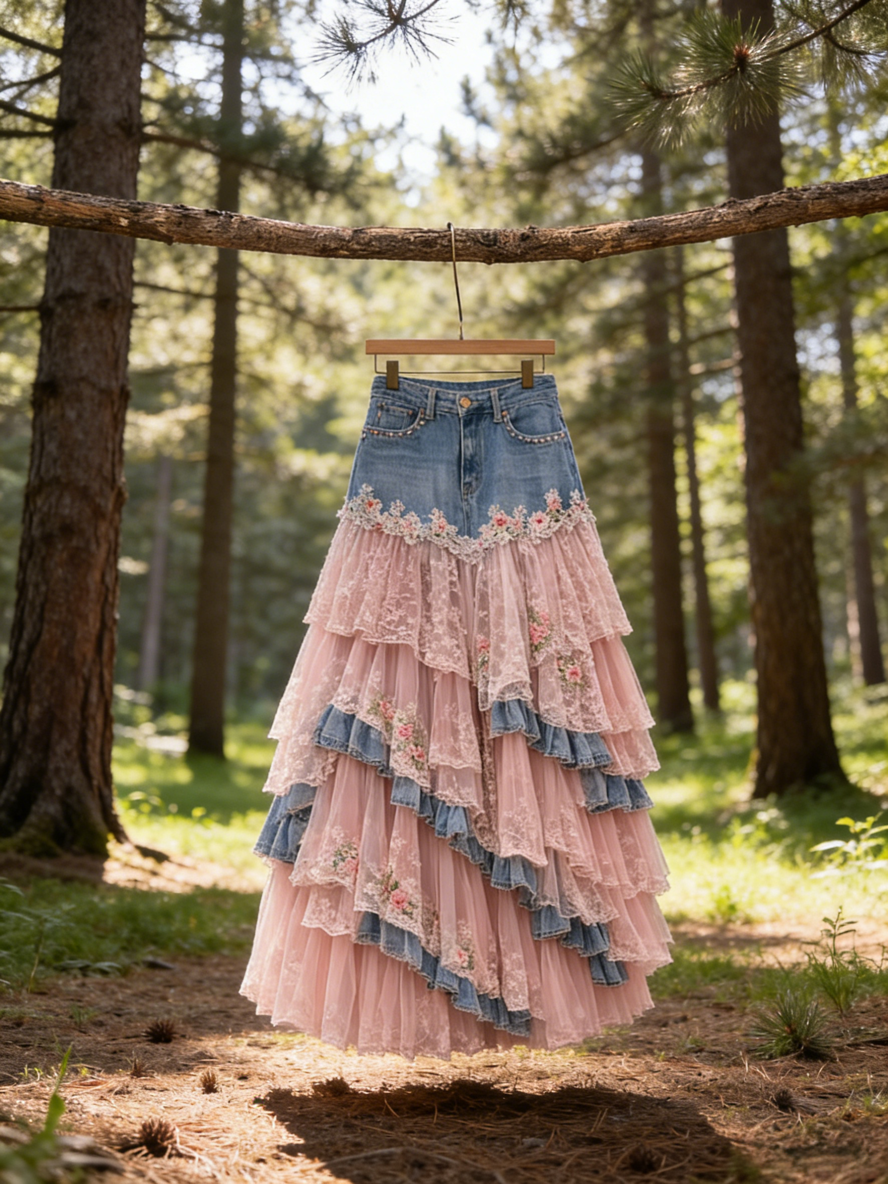 Fairy Pink Tulle Denim Patchwork Small Flower Embroidered Tiered Maxi Skirt