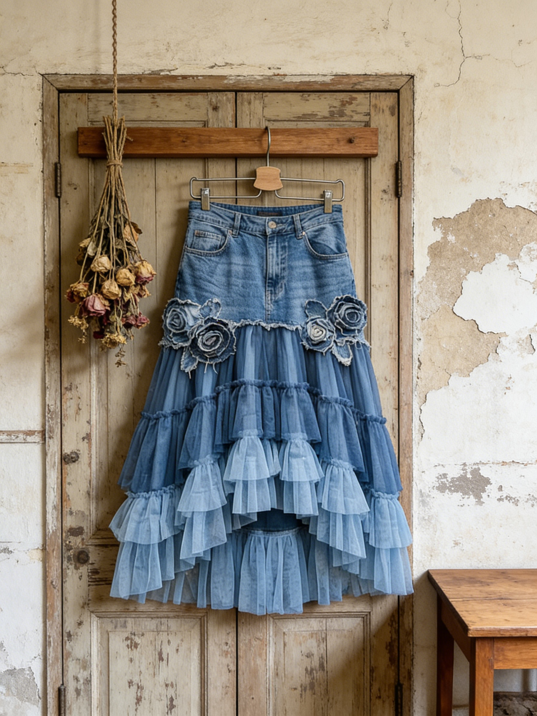 Vintage Bohemian Blue Denim Patchwork 3D Rose Tulle Ruffled Maxi Skirt with Frayed Edges
