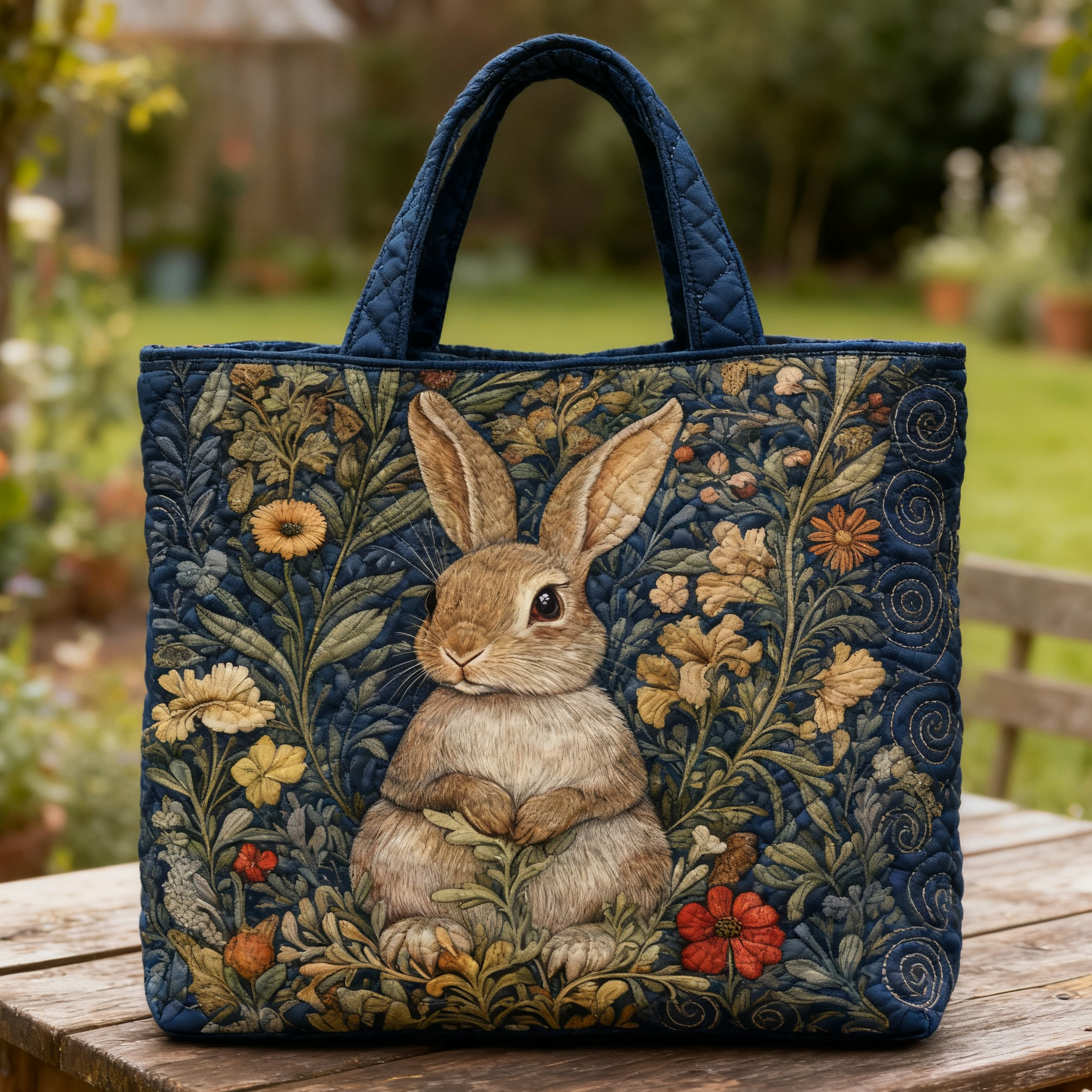 Vintage Rabbits Flower Quilted Tote Bag